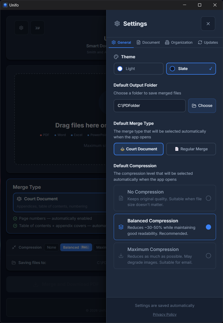 General settings — theme and compression