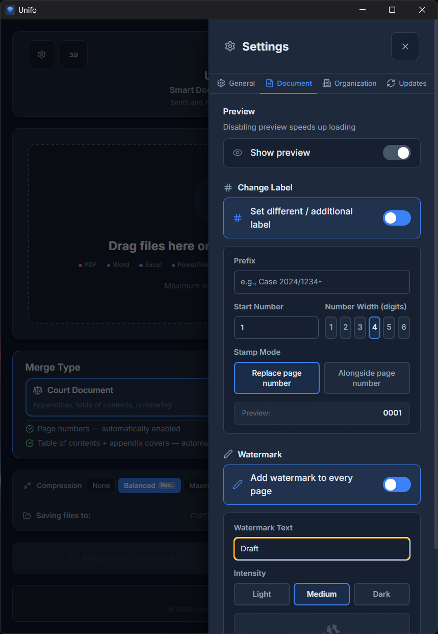 Document settings — page numbering and watermarks